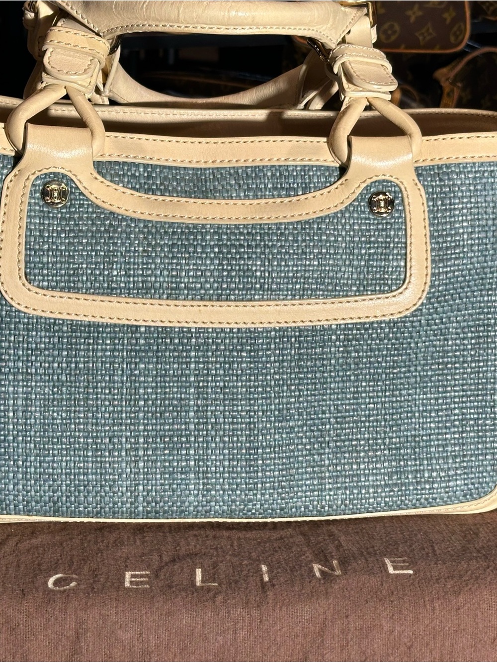 Celine Light Blue Woven Tote with Cream Leather Trim
